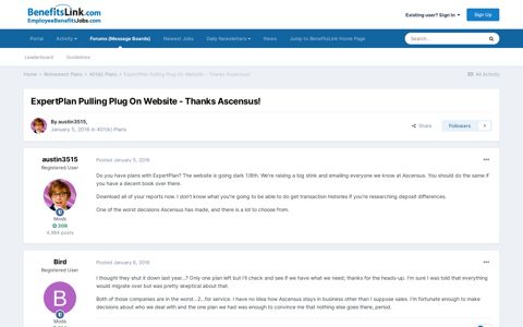 ExpertPlan Pulling Plug On Website - Thanks Ascensus! - 401 ...