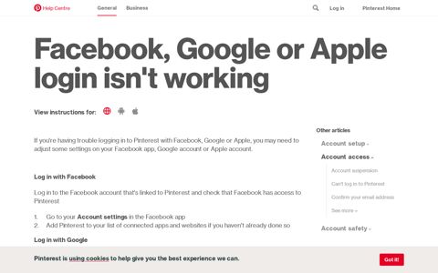 Facebook, Google or Apple login isn't working | Pinterest help