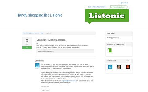 Handy shopping list Listonic - Login isn't working