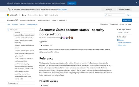 Accounts Guest account status - security policy setting ...