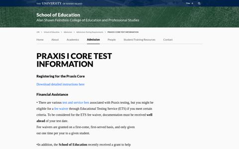 PRAXIS I CORE TEST INFORMATION – School of Education