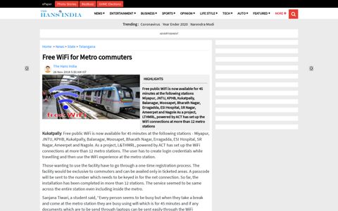 Free WiFi for Metro commuters - The Hans India
