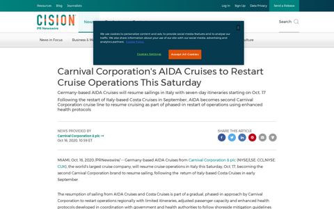 Carnival Corporation's AIDA Cruises to Restart Cruise ...