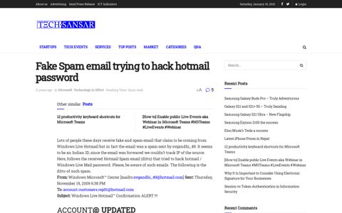Fake Spam email trying to hack hotmail password ...