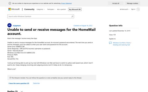 Unable to send or receive messages for the HomeMail account.