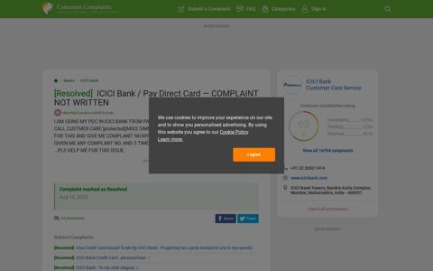 [Resolved] ICICI Bank / Pay Direct Card — COMPLAINT NOT ...