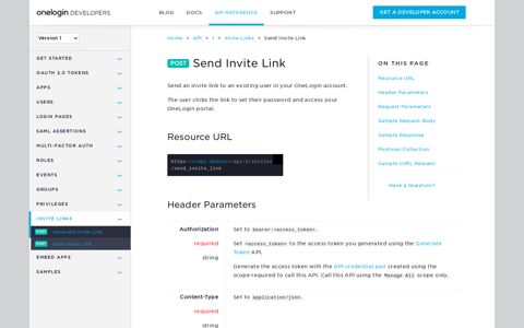 Send Invite Link - OneLogin Developers