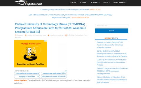 Apply for: FUTMINNA Postgraduate Admission Form 2019 ...