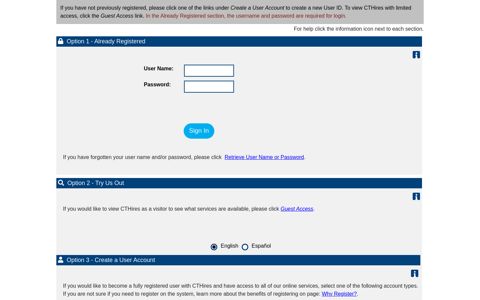 Login and Registration Options - CTHires