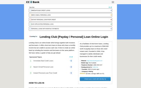 Lending Club [Payday / Personal] Loan Online Login - CC Bank