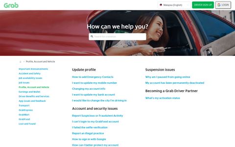 Profile, Account and Vehicle - Driver - Grab