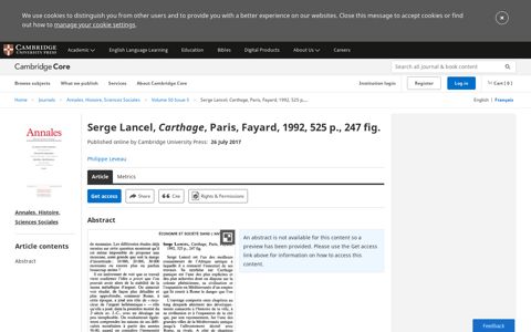 Serge Lancel, Carthage, Paris, Fayard, 1992, 525 p., 247 fig ...