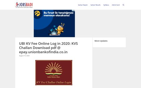 UBI KV Fee Online Log in 2020: KVS Challan Download pdf ...