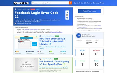 Facebook Login Error Code 22 - Logins-DB