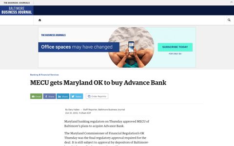 MECU gets Maryland OK to buy Advance Bank - Baltimore ...
