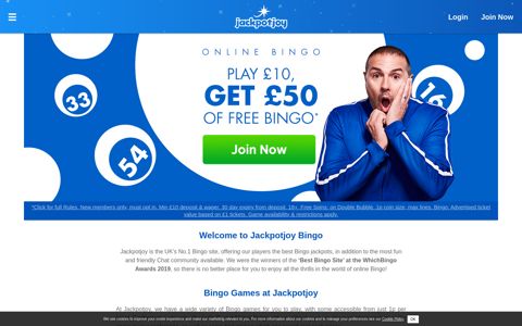 Jackpotjoy Bingo - Play £10 get £50 of Free Bingo (T&Cs Apply)