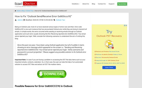 Outlook-sendreceive-error-0x800ccc92 - EmailDoctor