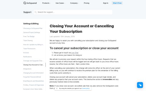 Closing Your Account or Cancelling Your ... - GoSquared