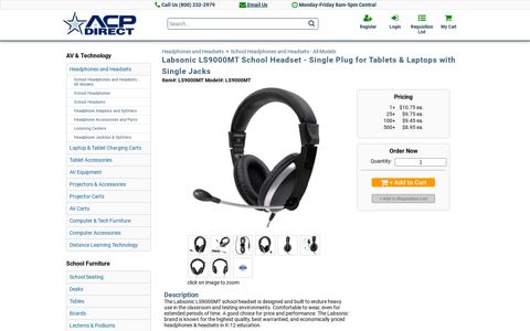 Labsonic LS9000MT School Headset - Single Plug for Tablets ...