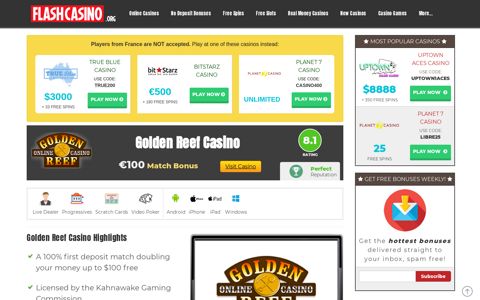Golden Reef Casino - $100 Sign Up Match Bonus