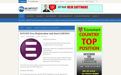 EONNET Free Registration And Start EARNING - MLM Post