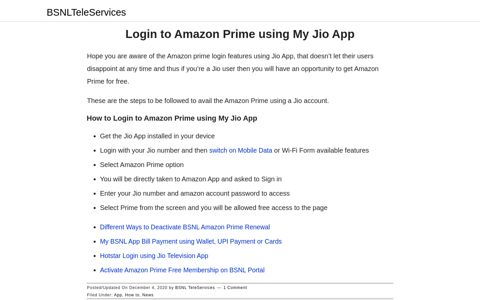 Login to Amazon Prime using My Jio App - BSNL TeleServices