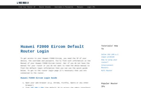 Huawei F2000 Eircom Default Router Login - 192.168.1.1