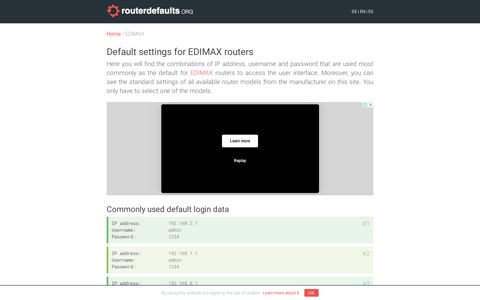 Default settings for EDIMAX routers