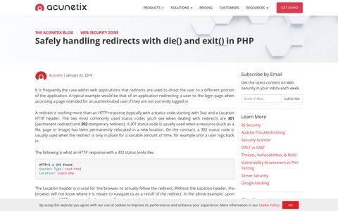 Safely handling redirects with die() and exit() in PHP | Acunetix