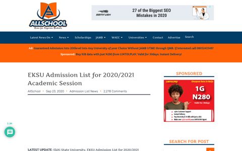 EKSU Admission List for 2020/2021 Academic Session