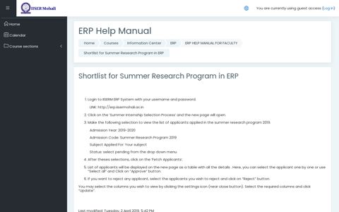 Shortlist for Summer Research Program in ERP - IISER Mohali