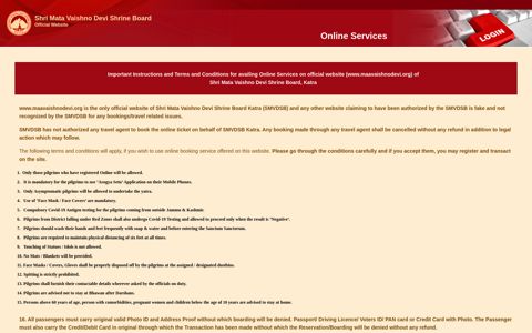 Online Services :: Login - Shri Mata Vaishno Devi Shrine Board