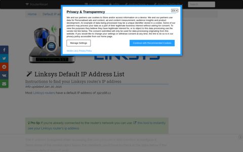 Linksys default IP address List - Router-Reset.com