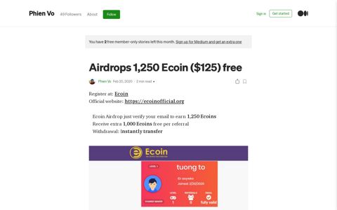 Airdrops 1,250 Ecoin ($125) free. Register website: Ecoin ...