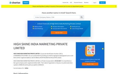 HIGH SHINE INDIA MARKETING PRIVATE LIMITED - ClearTax