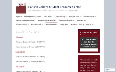 Student Portals – Hanson College Student Resource Centre