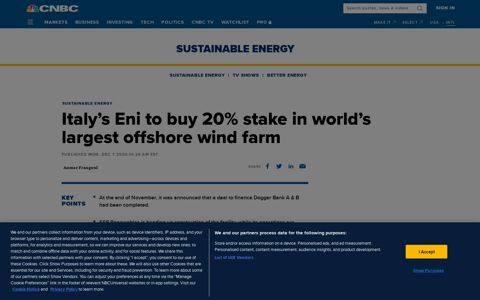 Italy's Eni to buy 20% stake in world's largest offshore wind farm