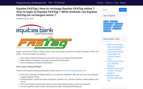 How to recharge Equitas FASTag online ? How to login to ...