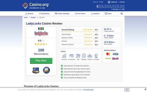 2020 LadyLucks Casino Review - Get a £100 Welcome Bonus