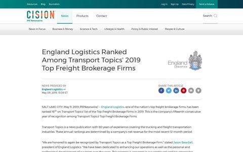 England Logistics Ranked Among Transport Topics' 2019 Top ...