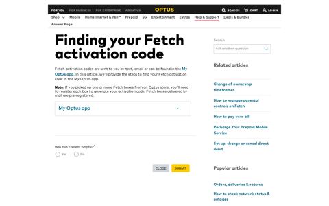 Finding your Fetch activation code - Support answers - Optus