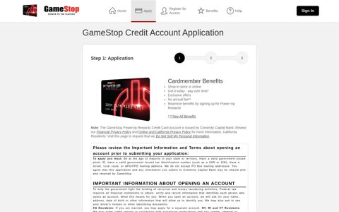 GameStop Credit Account Application - Comenity