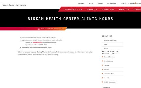 Birkam Health Center Clinic Hours - Ferris State University