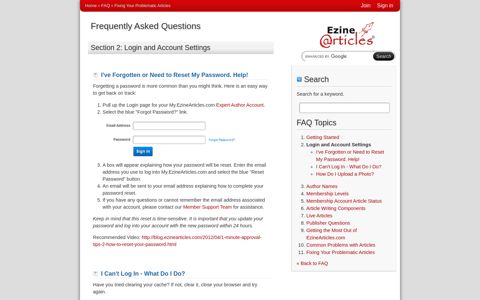 FAQ: Login and Account Settings - EzineArticles.com