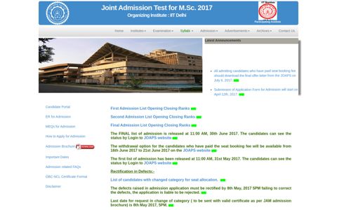Joint Admission Test for M.Sc. 2017 - JAM 2017