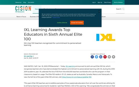 IXL Learning Awards Top Educators in Sixth Annual Elite 100