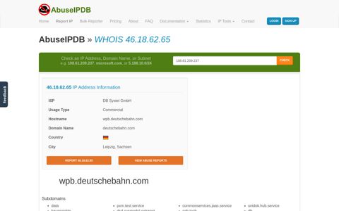 WHOIS 46.18.62.65 | DB Systel GmbH | AbuseIPDB