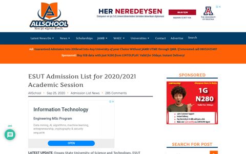 ESUT Admission List 2020/2021 Academic Session - Allschool