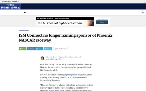 ISM Connect no longer naming sponsor of Phoenix raceway ...