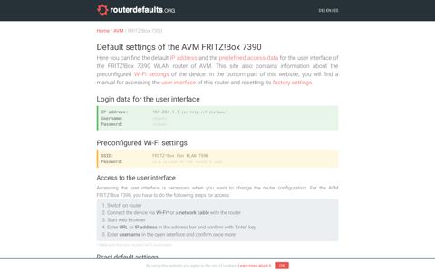 Default settings of the AVM FRITZ!Box 7390